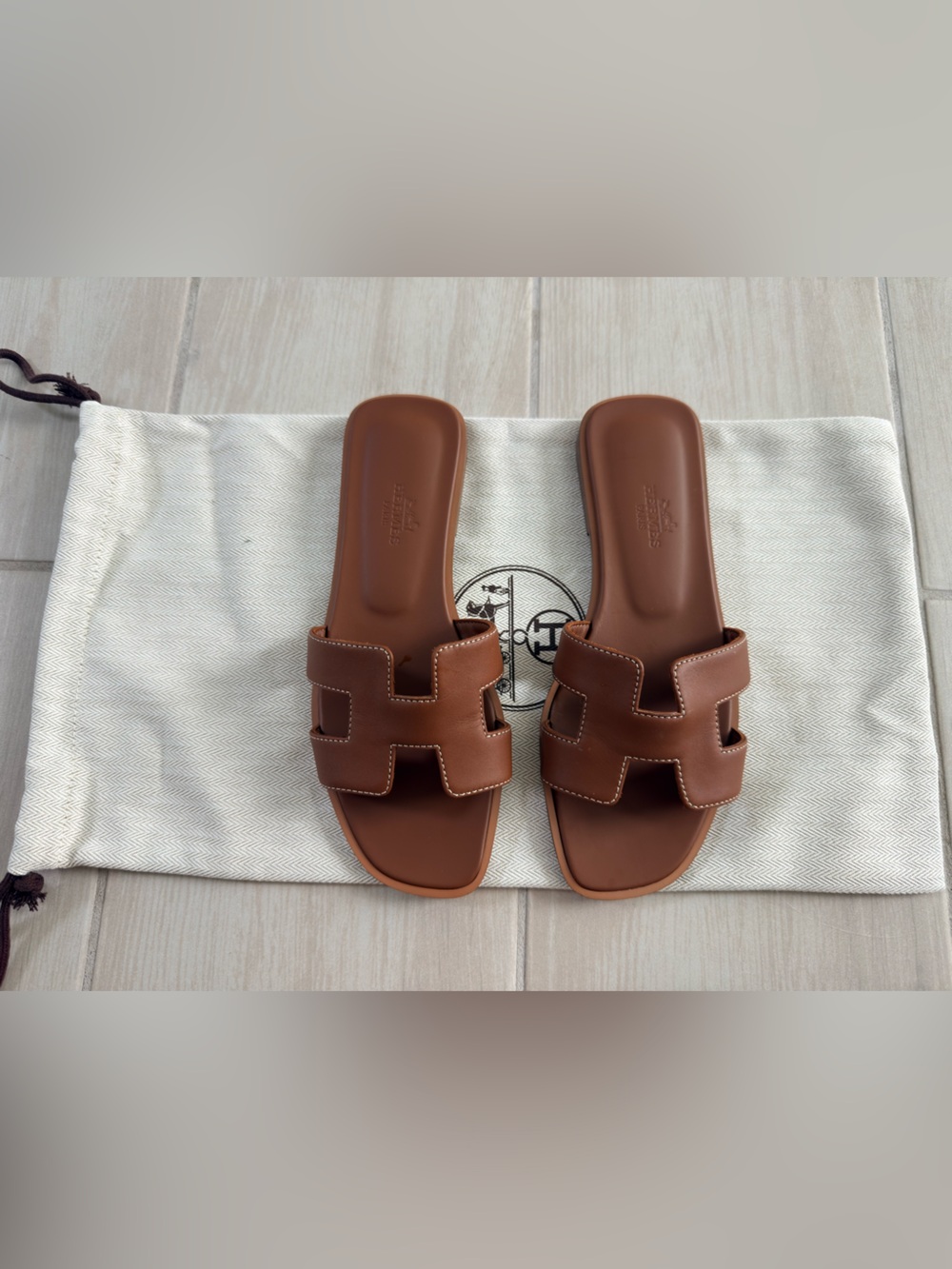 Hermes  Oran Cognac Leather Slide Sandals